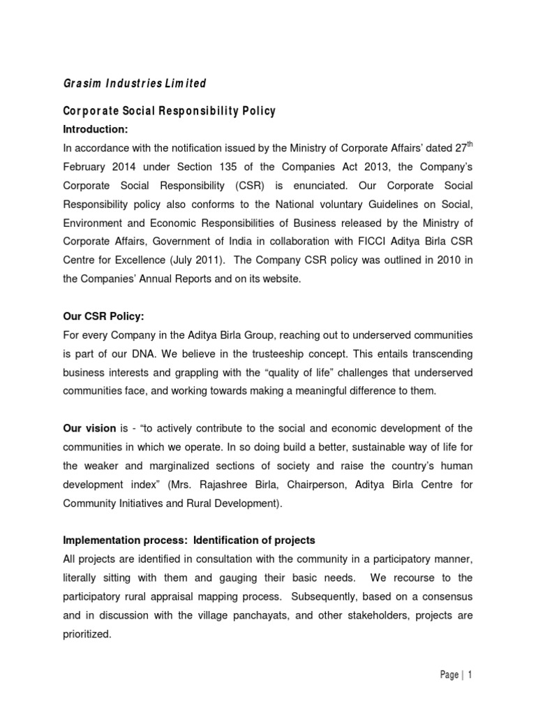 Grasim Industries CSR Policy Overview | PDF | Corporate Social ...