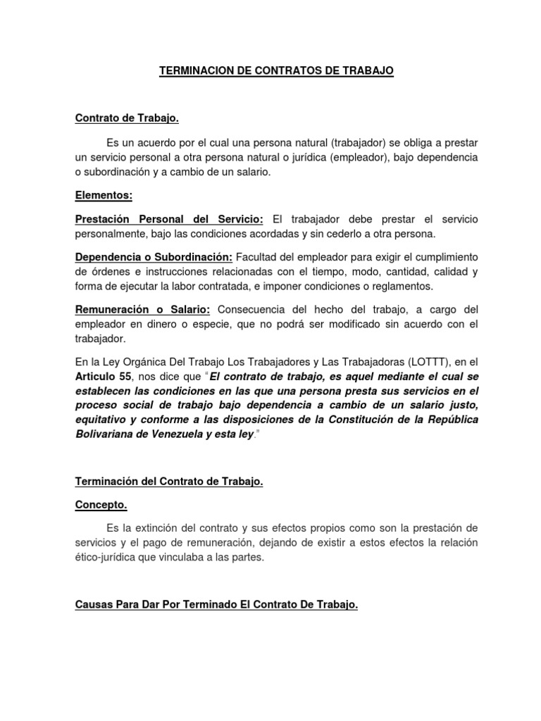 Terminacion de Contratos de Trabajo Derecho laboral