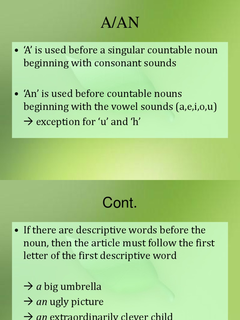 A Is Used Before A Singular Countable Noun Beginning With Consonant 