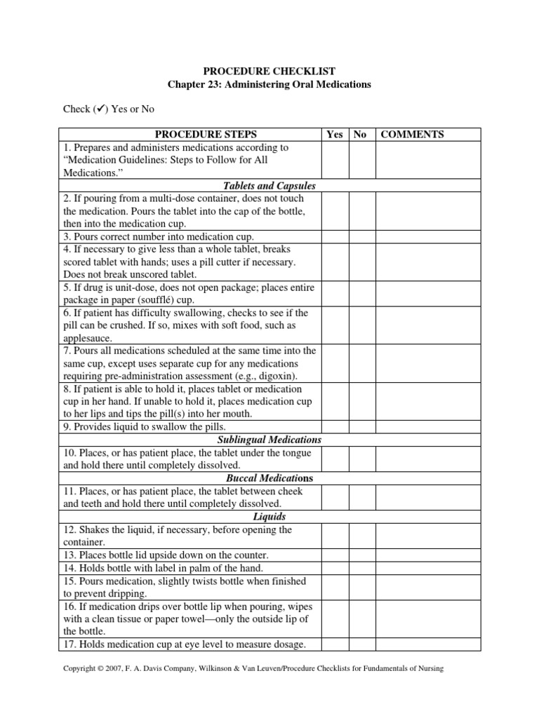 Procedure Checklist Chapter 23: Administering Oral Medications | PDF ...