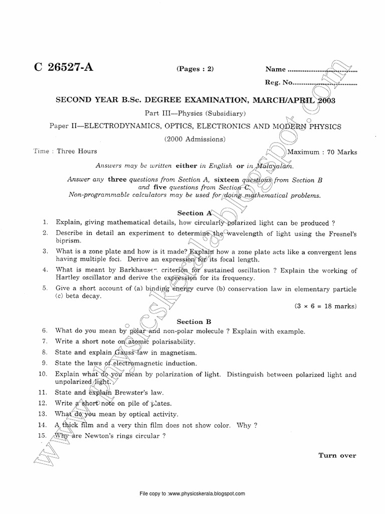 C26527 BSC Physics Question Paper PDF Neutron Light