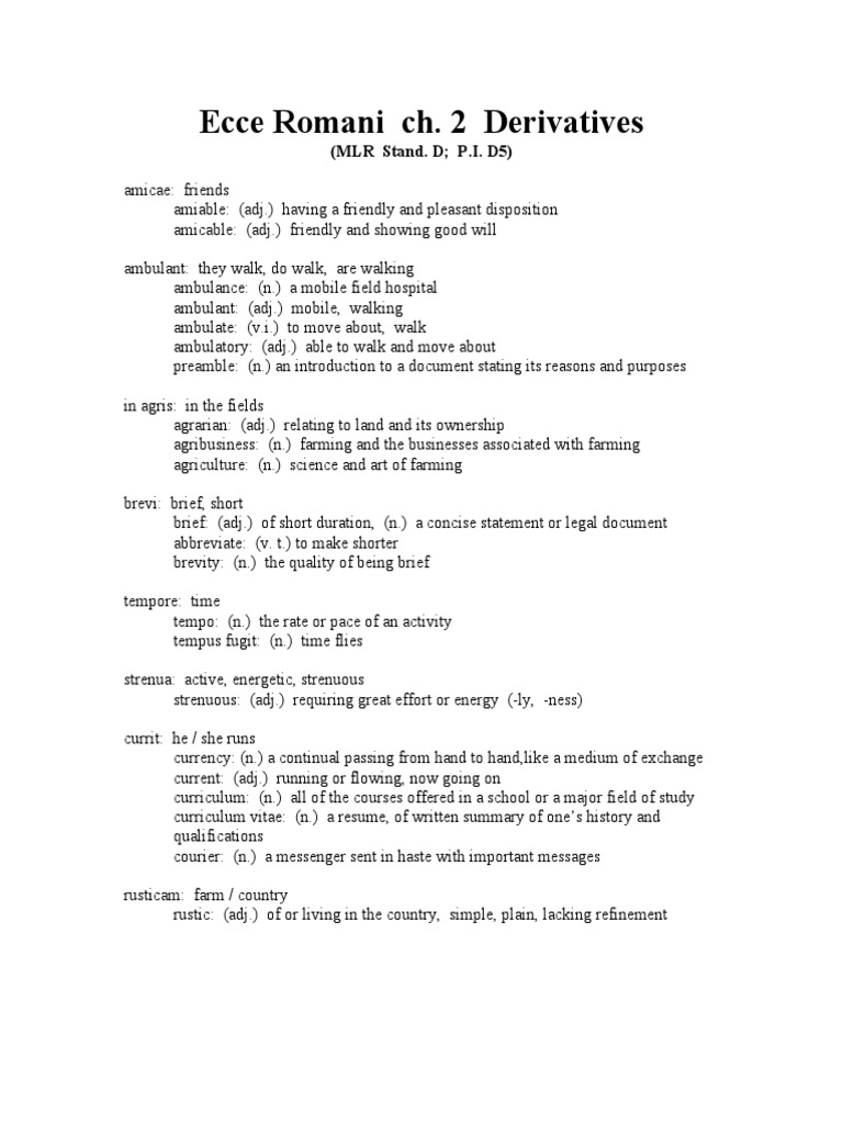 Ecce Romani Ch. 2 Derivatives: (MLR Stand. D P.I. D5) | PDF | Foreign ...