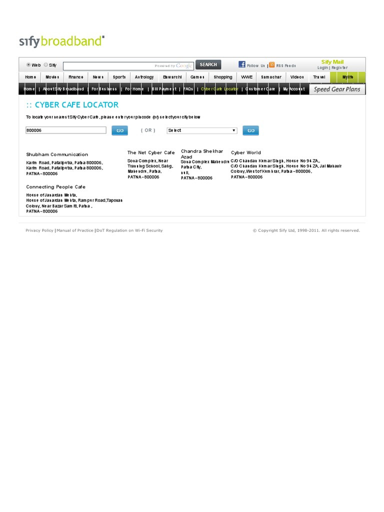 Sify Cyber Cafe Locator in Patna | PDF