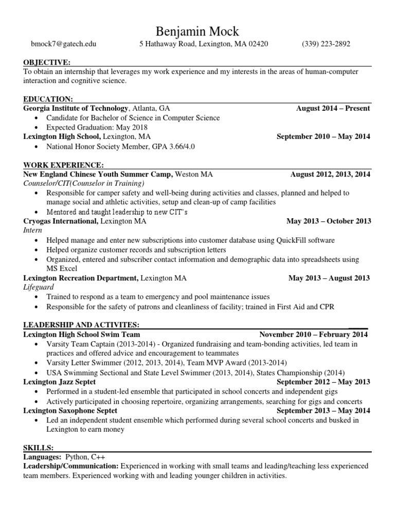 Computer Science Internship Resume | PDF