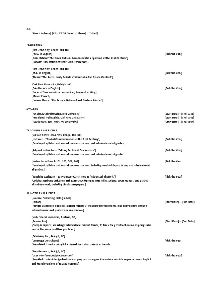 curriculum vitae template for thesis