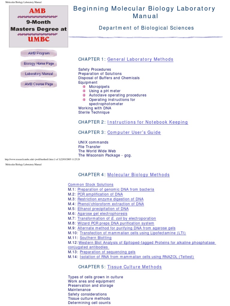 Beginning Molecular Biology Laboratory ManualUMBC.2003 (Por