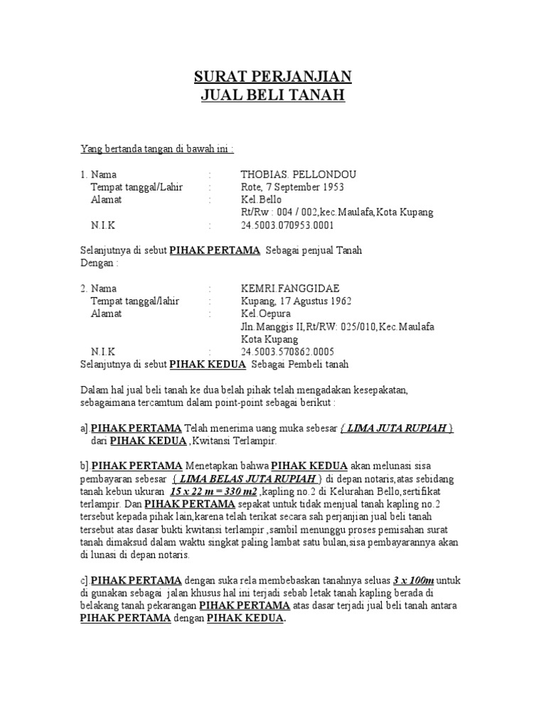 Surat Perjanjian Jual Beli Tanah Kavling