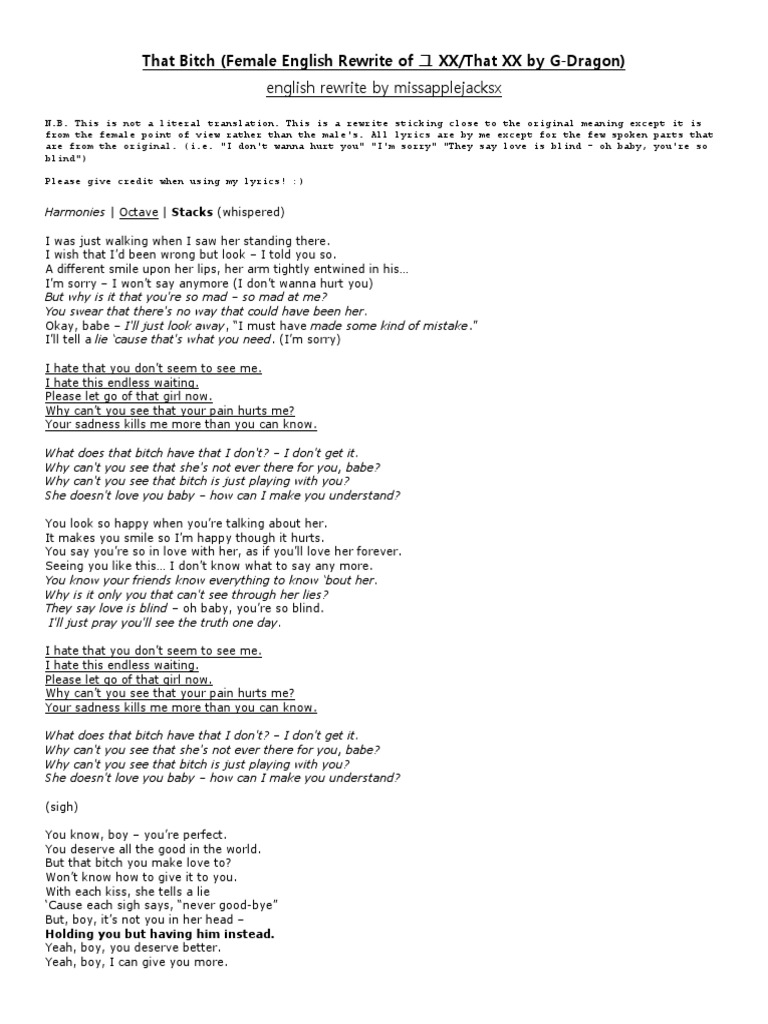 Lyrics That Bitch Female English Rewrite By Missapplejacksx Of That Xx By G Dragon Leisure missapplejacksx of that xx by g dragon