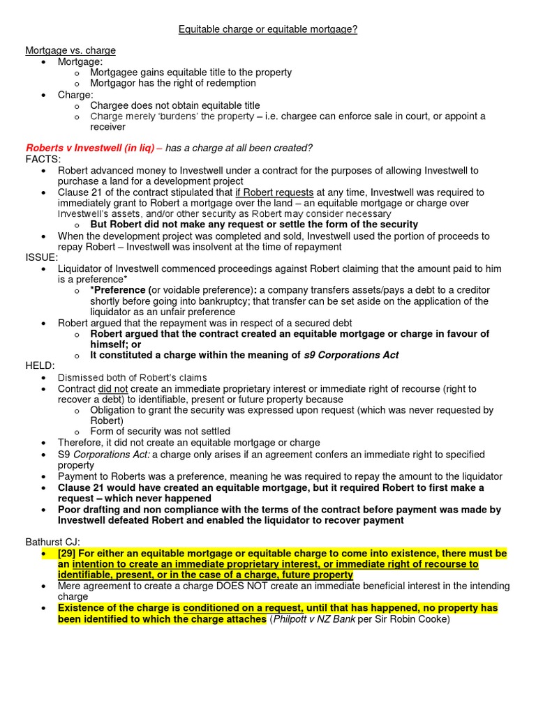 Notes on 'Equitable Charge' Security Interest Mortgage Law