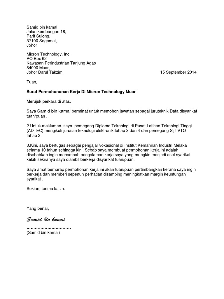 Contoh Surat Permohonan Kerja Pdf
