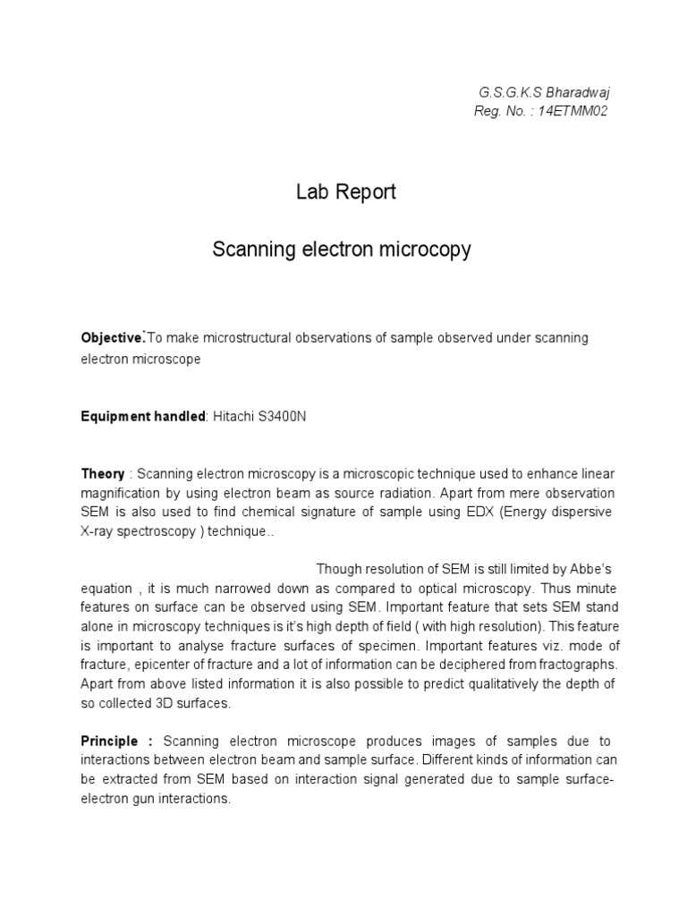 Sem Laboratory Report Scanning Electron Microscope Electron Microscope