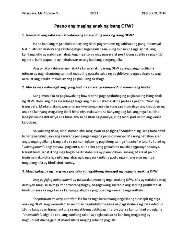 Paano Ang Maging Anak NG Isang OFW | PDF