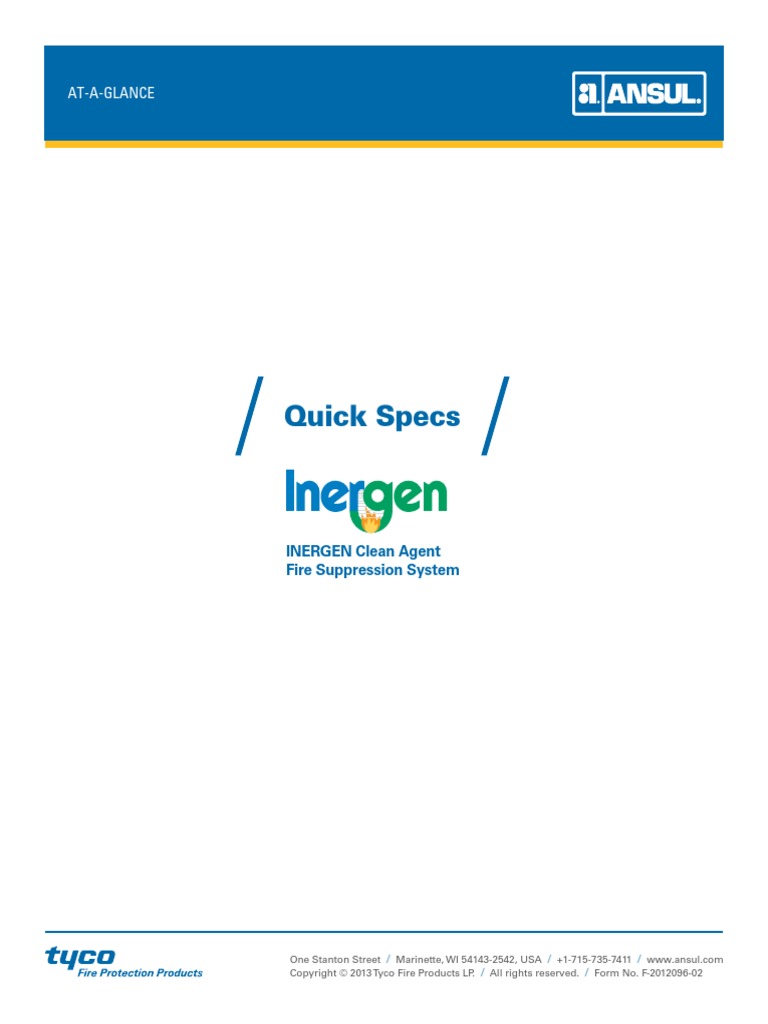 Inergen Quick Specs F-2012096 | PDF | Carbon Dioxide | Firefighting
