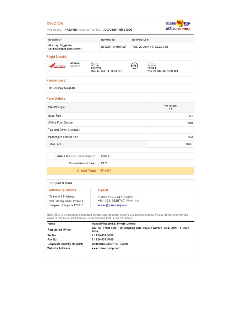 MakeMyTrip Flight Invoice NF23468 | PDF | Finance & Money Management ...