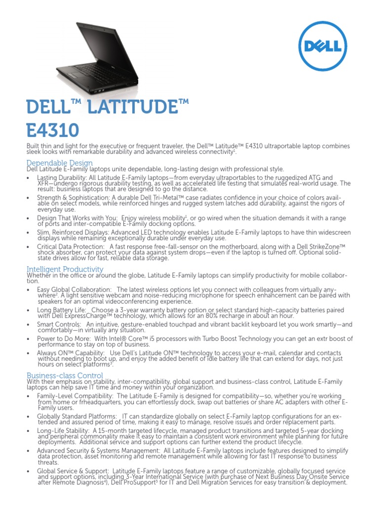 Dell Latitude E4310 Datasheet | PDF | Laptop | Electronics