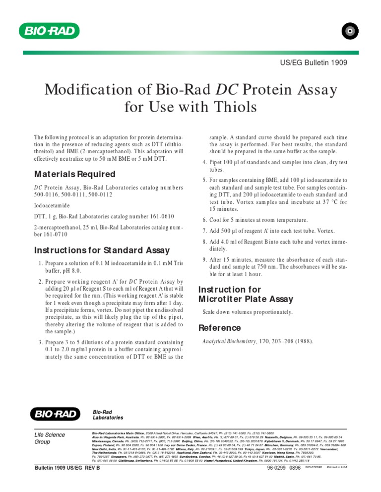 Modification of BioRad DC Protein Assay for Use With Thiols