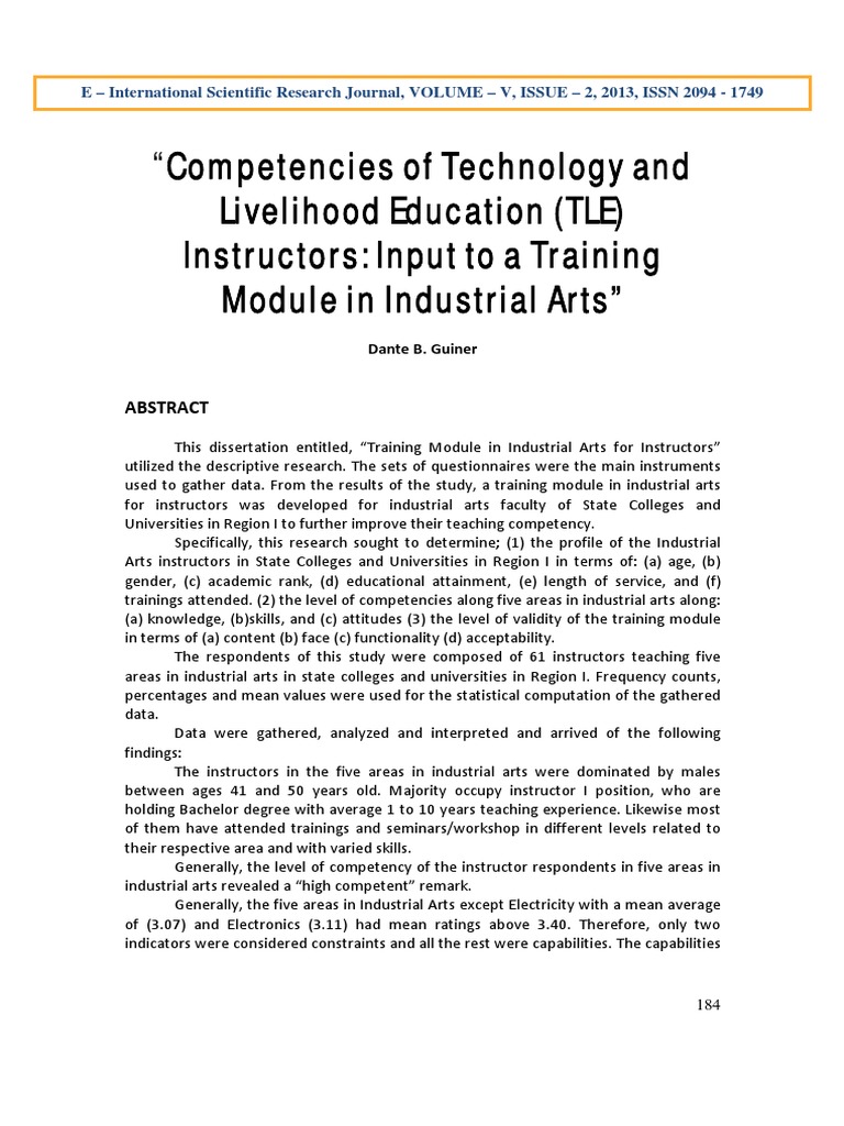 Competencies of Technology and Livelihood Education (TLE) Instructors ...