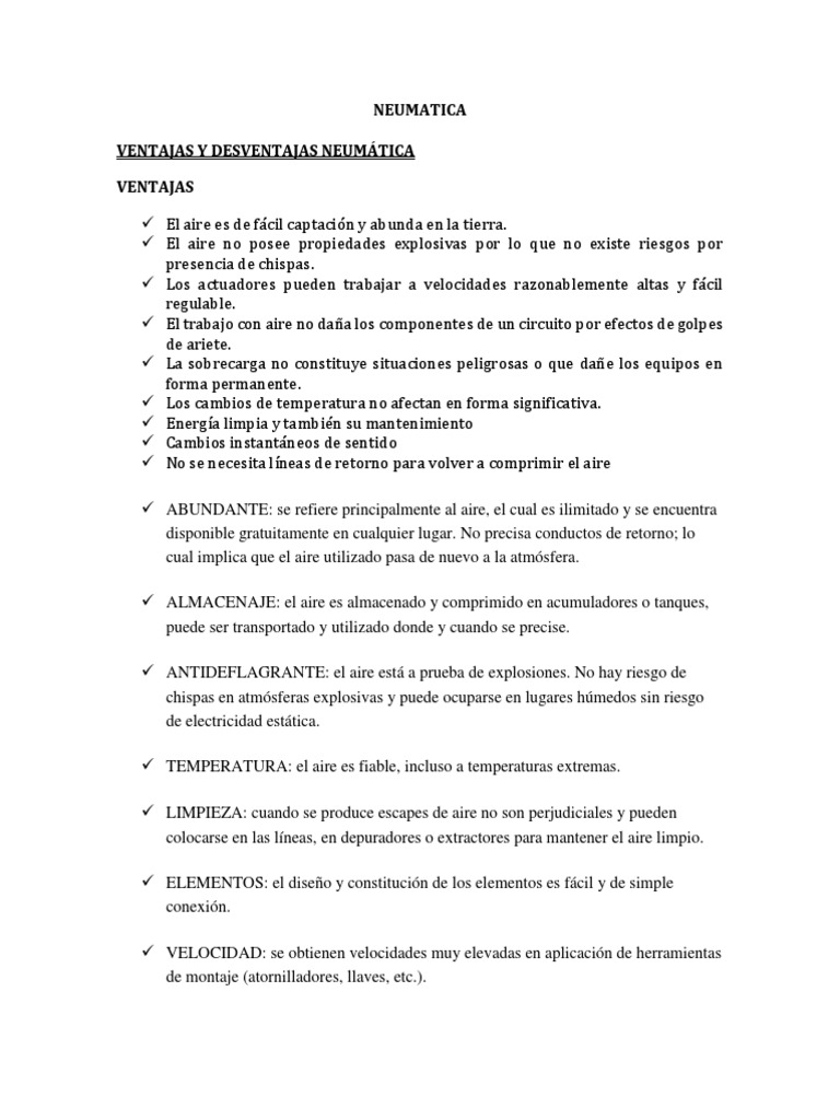 Ventajas y Desventajas NEUMATICA Neumático Energía y recursos