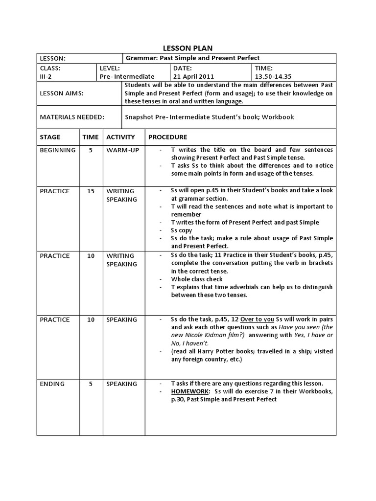 Lesson Plan 8 Snapshot PDF Perfect (Grammar) Grammatical Tense