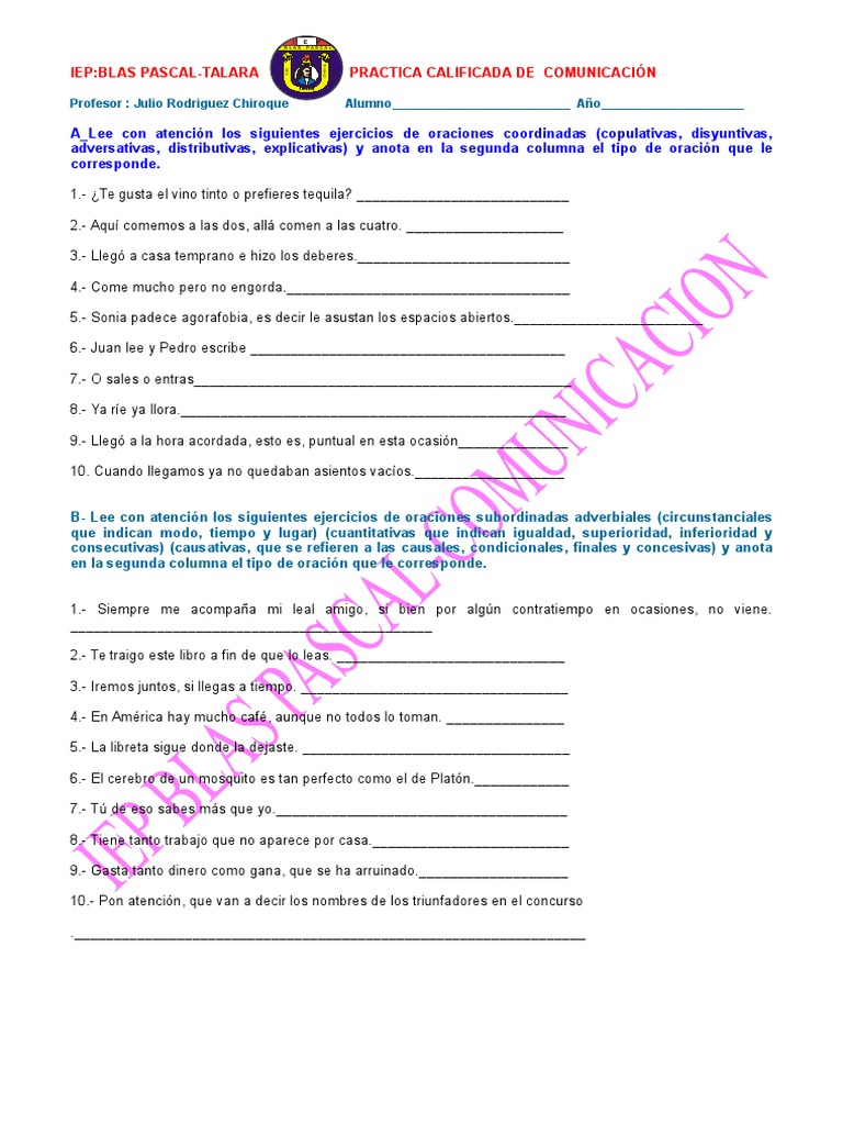 Práctica de Oraciones Coordinadas y Subordinadas | PDF | Artes del ...