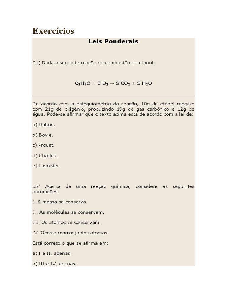 Exercícios de Leis Ponderais | PDF | Reações químicas | Combustão