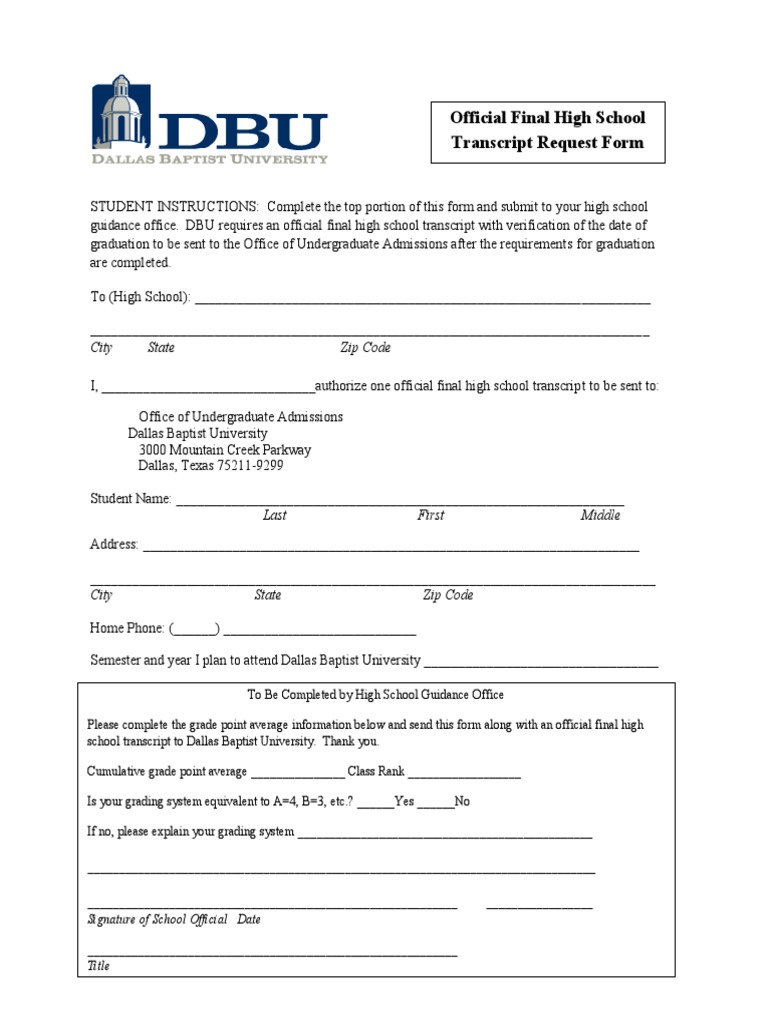 High School Transcript Request Form PDF