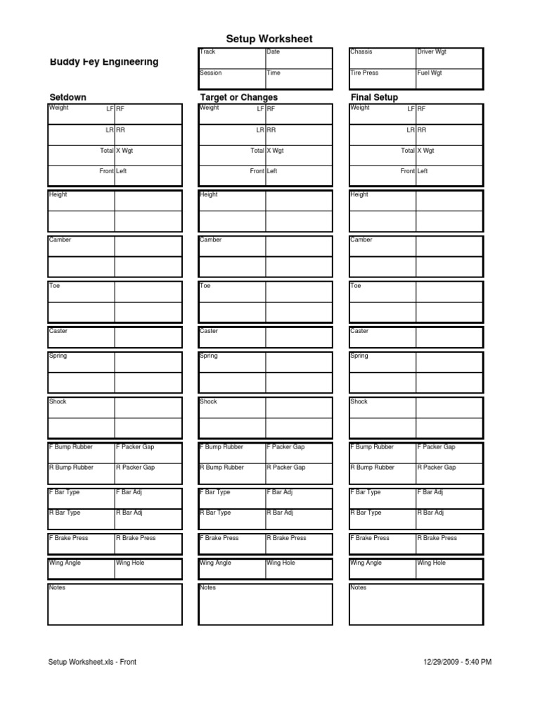 Racing Setup Worksheet Template | PDF | Wheel | Land Vehicles
