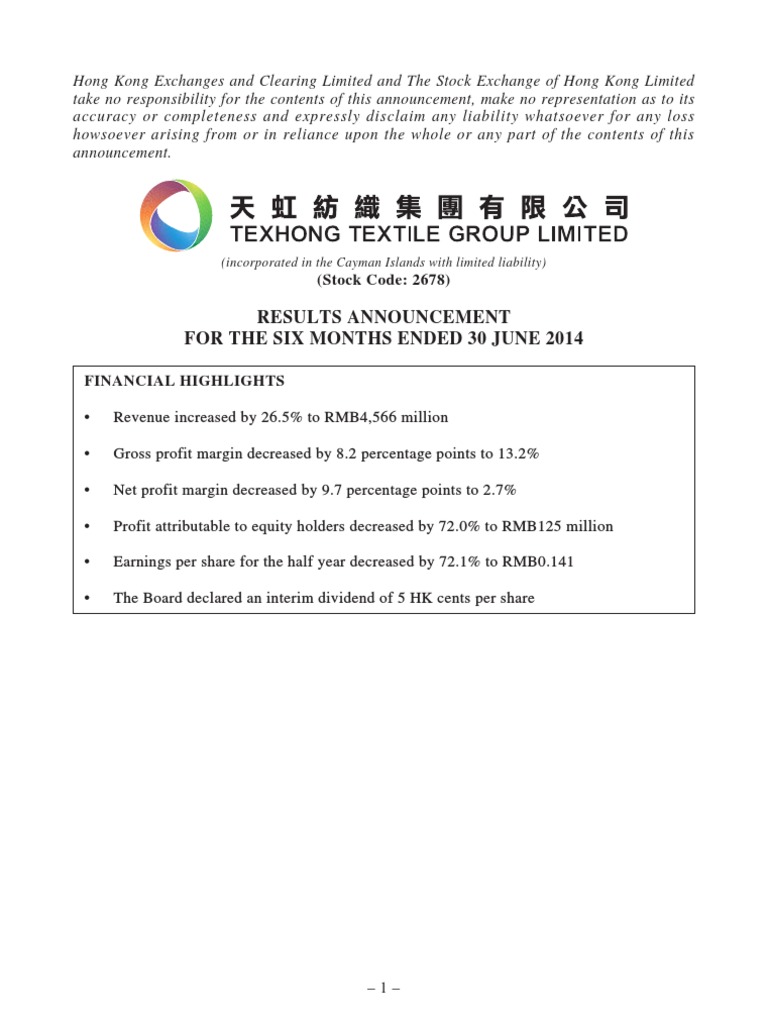 Texhong Textile Group | PDF | Lease | Dividend