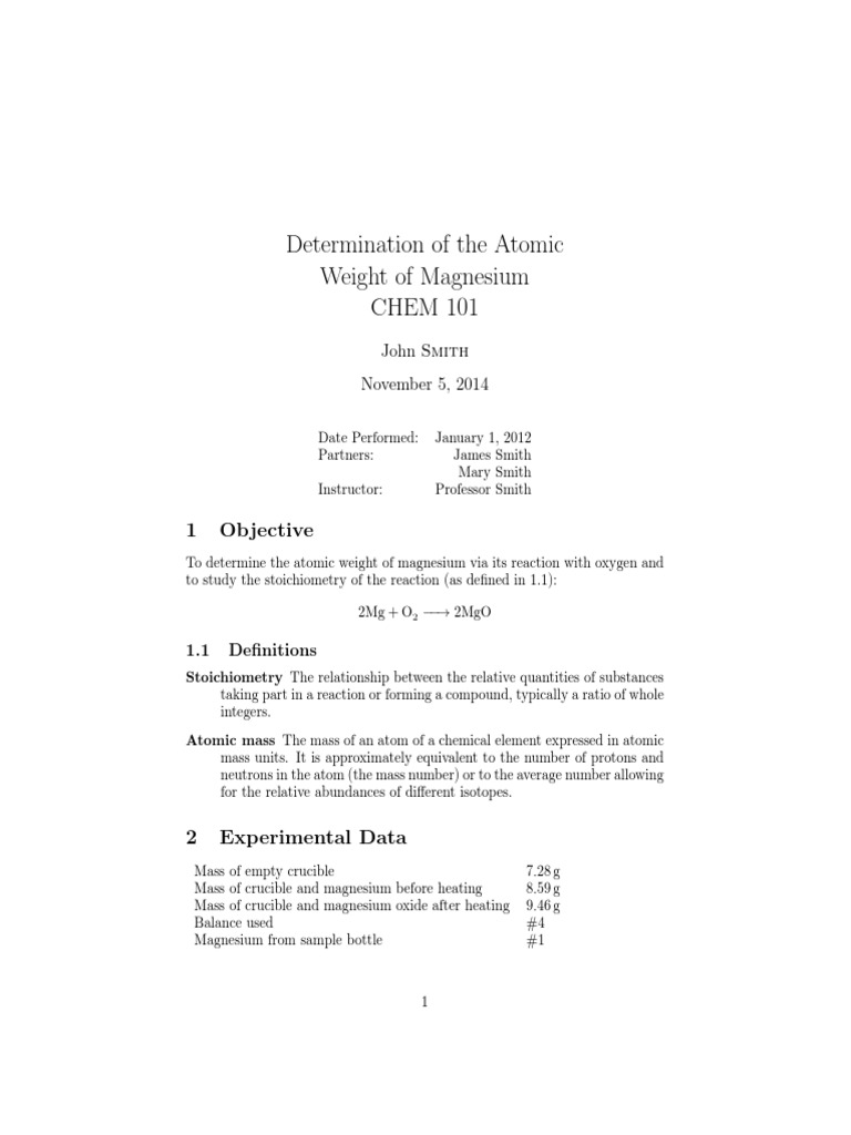 Lab Report 1 Stoichiometry Magnesium