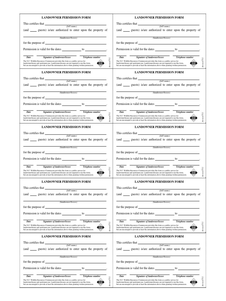 Landowner Permission Form Wallet Size 07-2011 | PDF | Lease | Common Law for Free Printable Hunting Permission Form