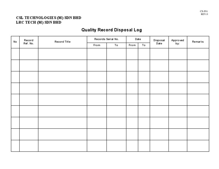 Quality Record Disposal Log Template | PDF | Technology & Engineering