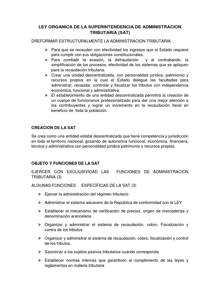 Resumen Ley Organica de La Superintendencia de Administracion Tributaria PDF Presupuesto