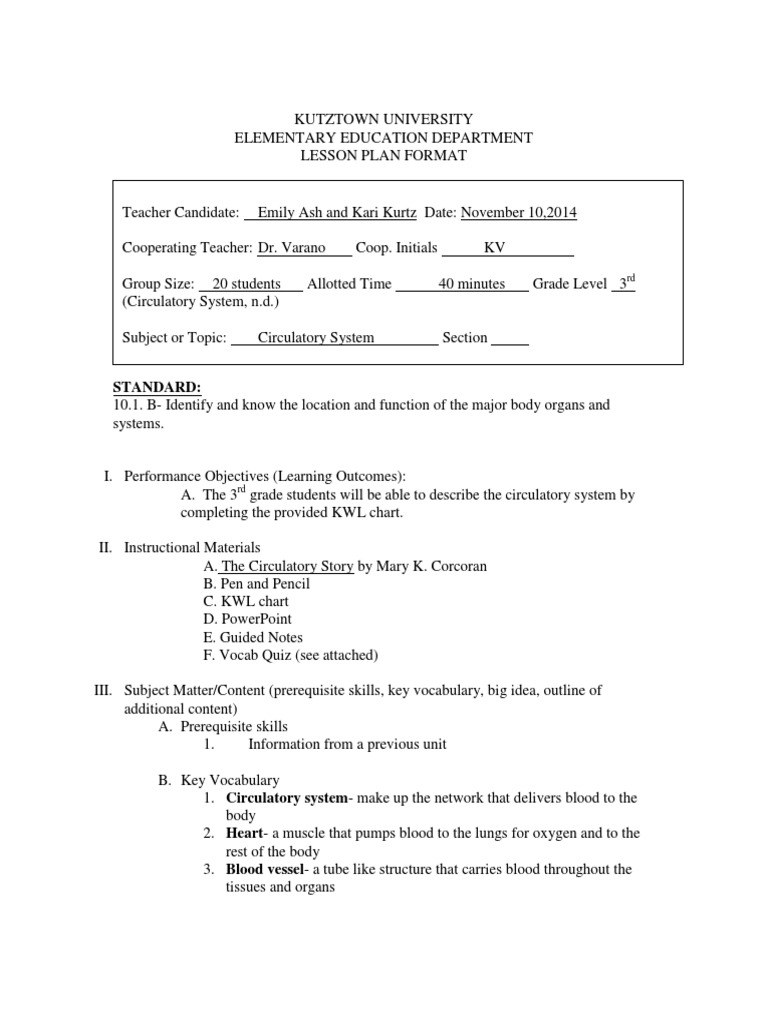 Lesson Plan 1 For Science Blood Vessel Circulatory System