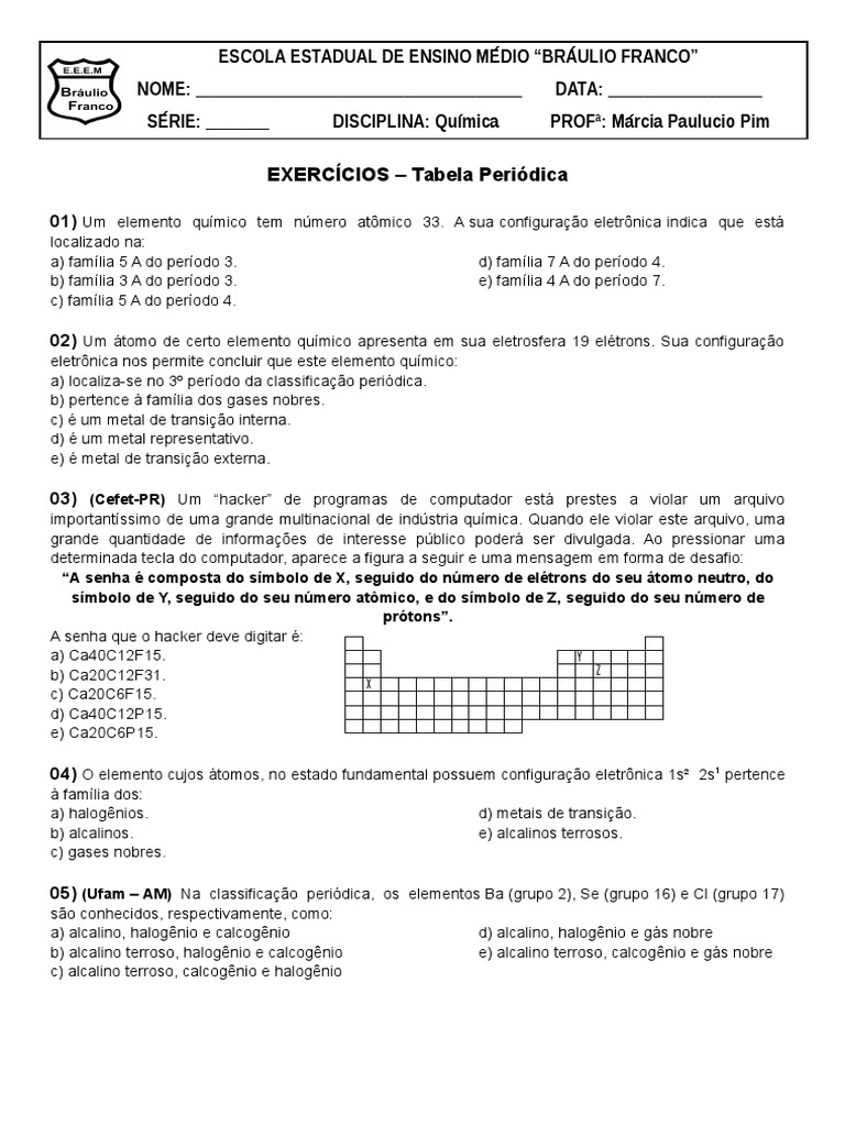Exercícios de Tabela Periódica 9º Ano | PDF | Tabela periódica | Carbono