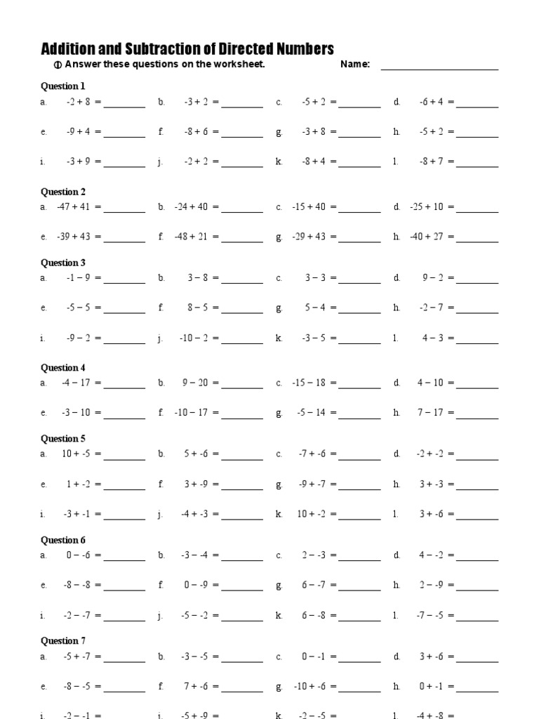Directed Numbers Addition Worksheet | PDF