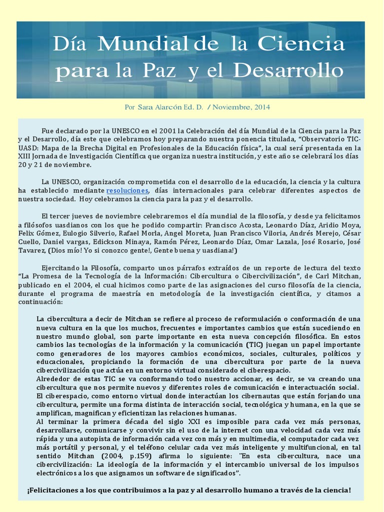 Día Mundial de La Ciencia para La Paz y El Desarrollo | PDF | Ciencia y ...