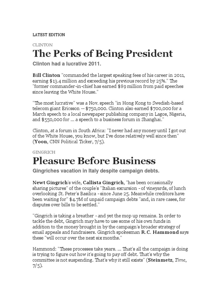 The Perks of Being President Clinton Had A Lucrative 2011 PDF