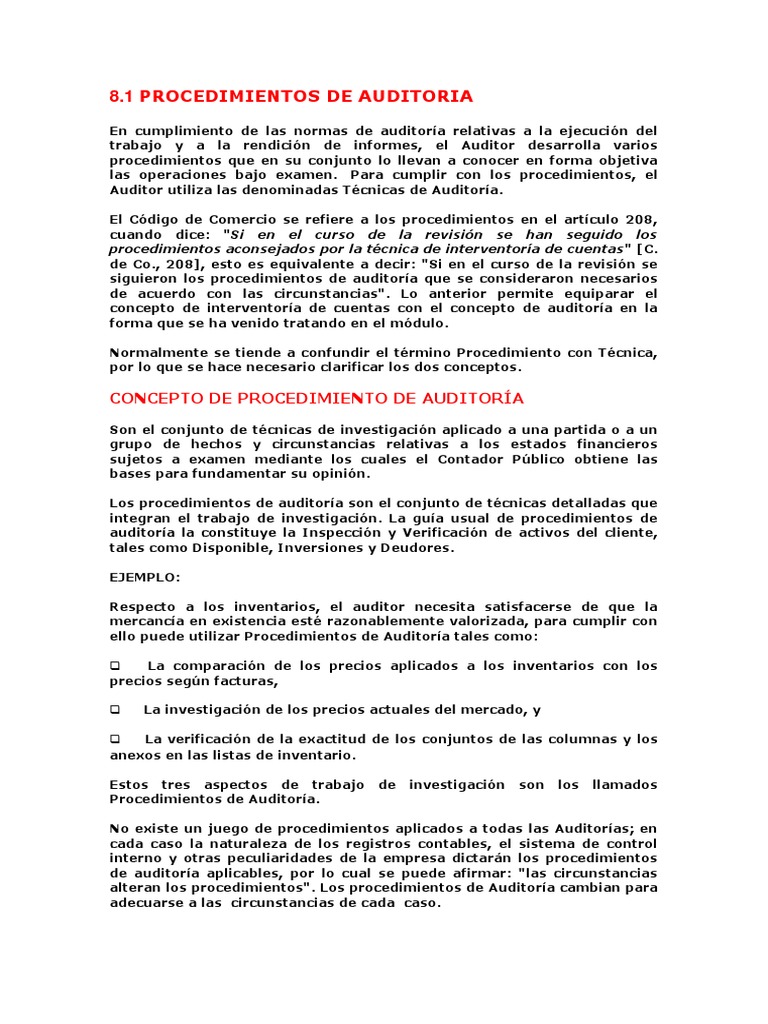 Procedimientos de Auditoria | PDF | Auditoría financiera | Contralor