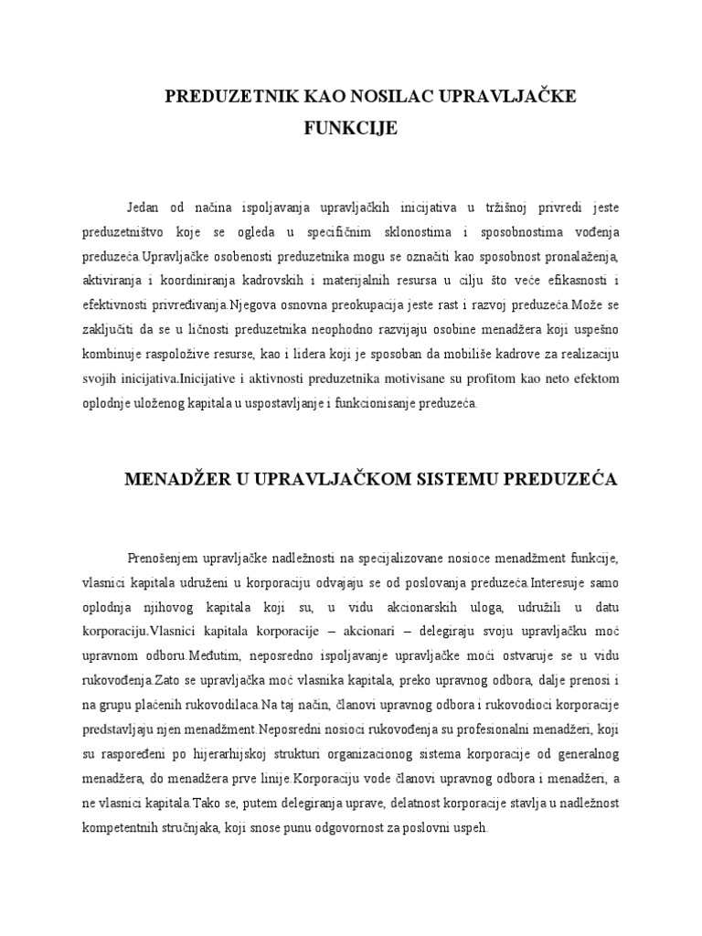 Preduzetnik Kao Nosilac Upravljačke Funkcije | PDF