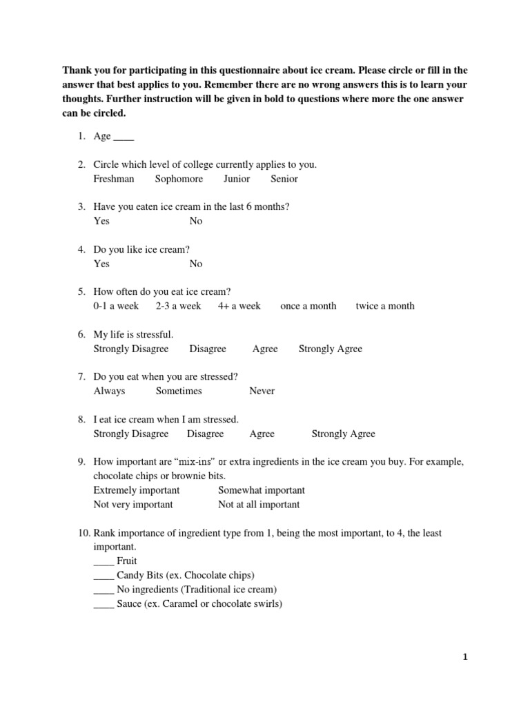 sample questionaire Ice Cream Foods