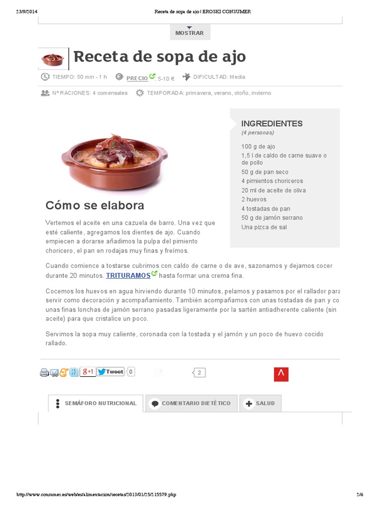 Receta de Sopa de Ajo - EROSKI CONSUMER | PDF