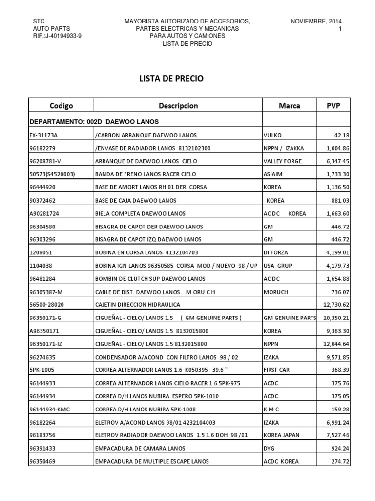 LISTA DE PRECIO NOVIEMBREE 2014.xls Vehículos de General