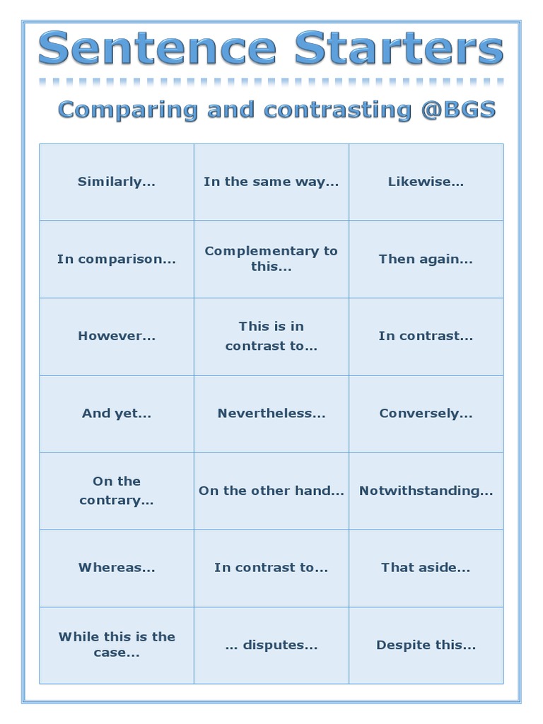 how to start a compare and contrast essay sentence starters