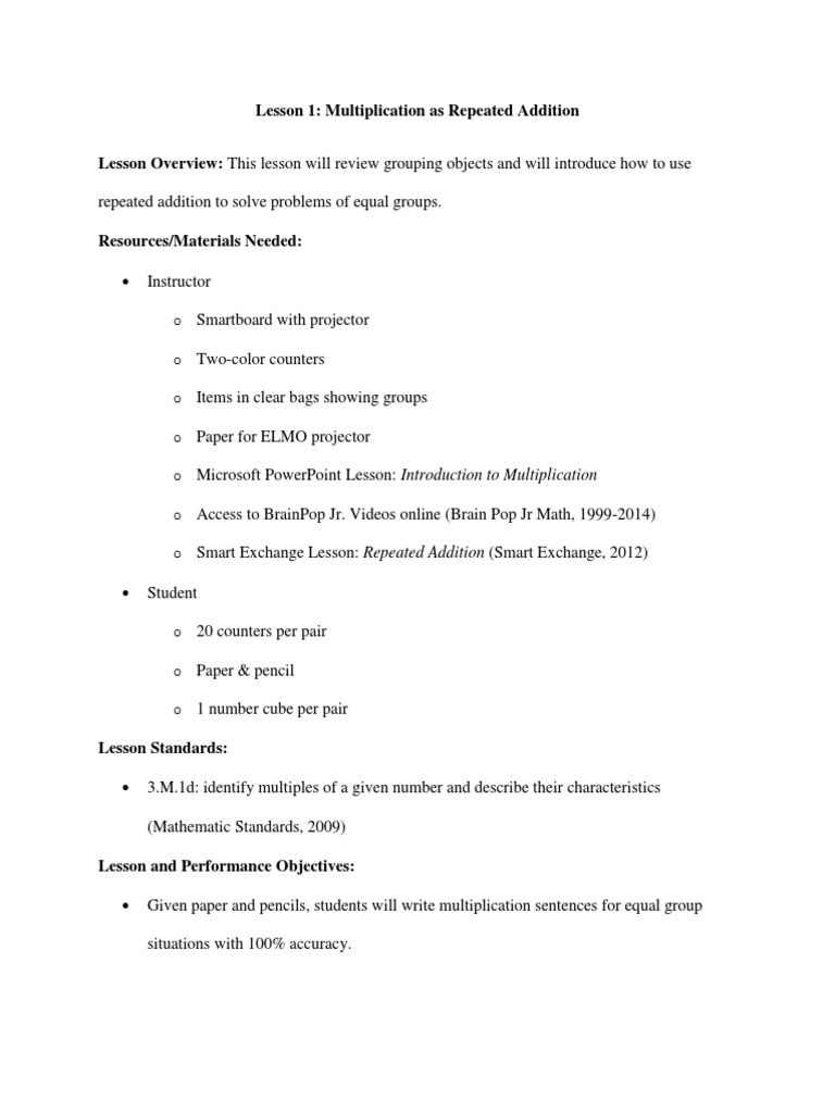 Multiplication as Repeated Addition Lesson | PDF | Educational ...