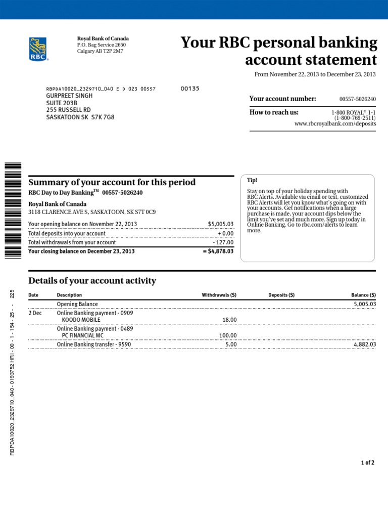 RBC Personal Banking Account Statement | PDF | Business