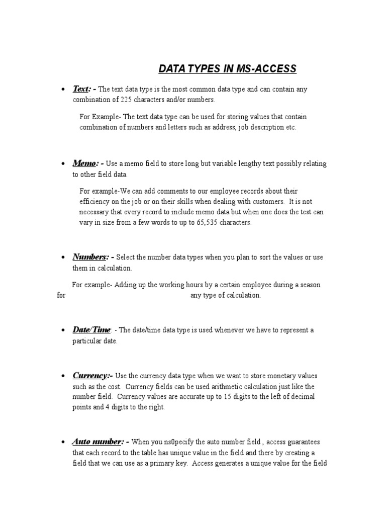 Data Types in MsAccess Download Free PDF Data Type Currency