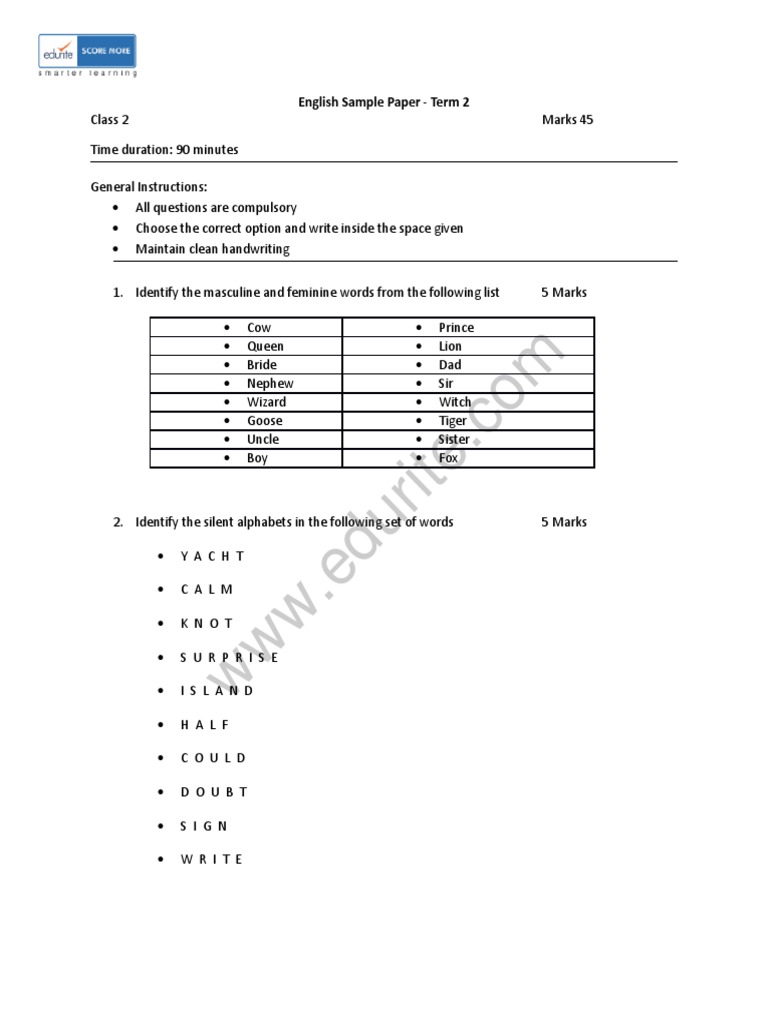 Class 2 ICSE English Sample Paper Term 2 PDF