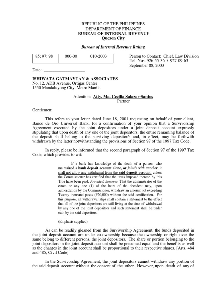 Survivorship Agreement Tax Implications | PDF