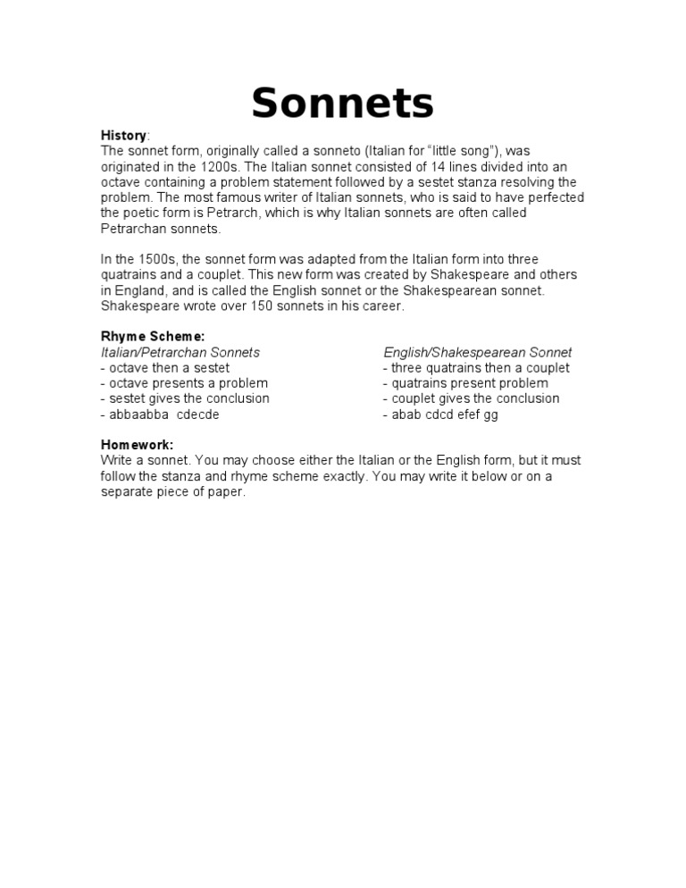 Sonnets Worksheet
