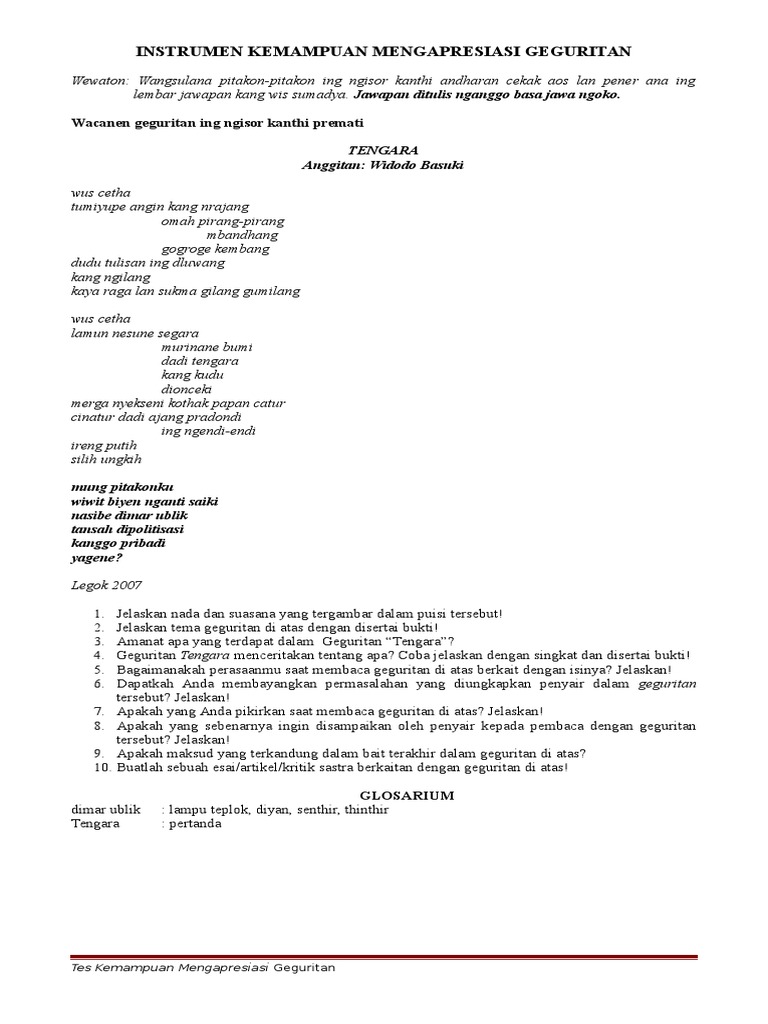 Soal Tes Mengapresiasi Geguritan